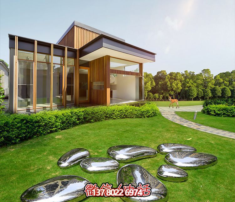 高端室內(nèi)草坪裝飾，不銹鋼雕塑鏡面石頭安放