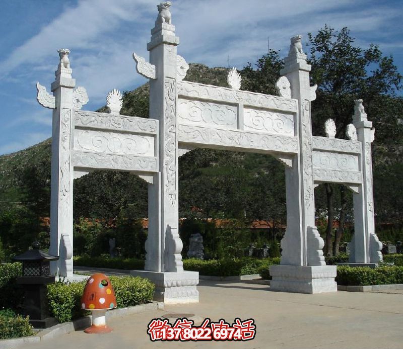 精致園林景觀，漢白玉華表浮雕祥云門樓石牌坊