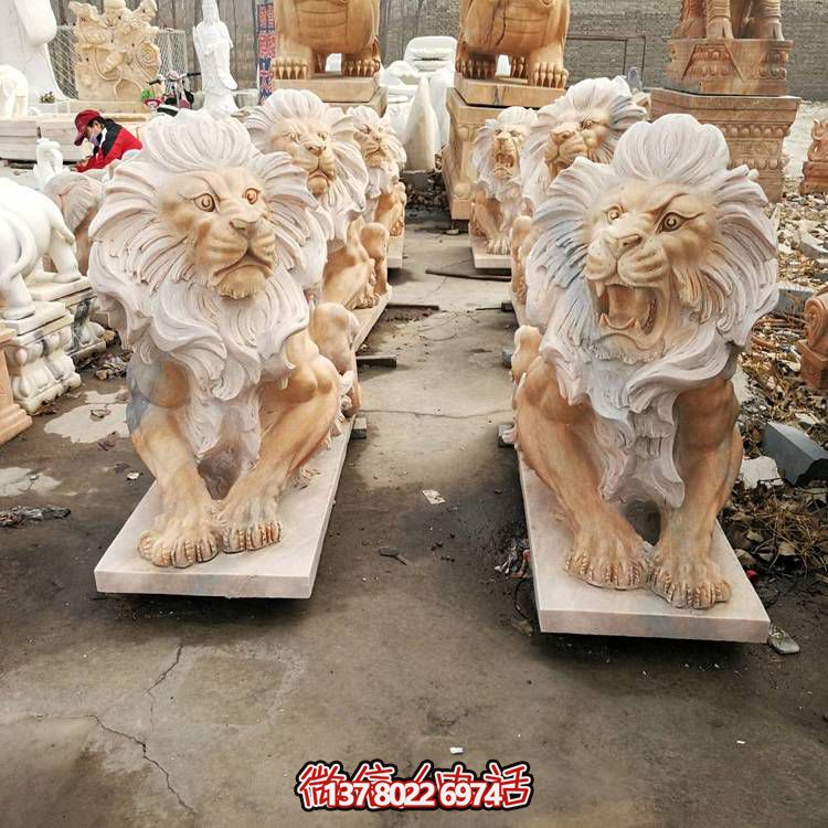 大理石石雕獅子雕塑，點(diǎn)綴晚霞紅園林景觀