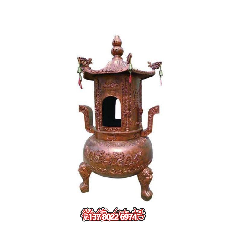 純銅香爐四柱舍利塔，裝飾寺院舍利