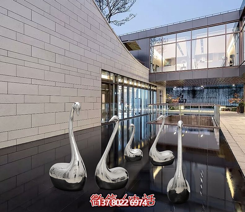 不銹鋼創(chuàng)意天鵝雕塑，鏡面水中裝飾別墅