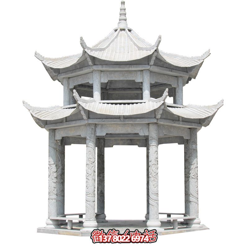 精美大理石雙層柱涼亭，雕塑點綴休息亭