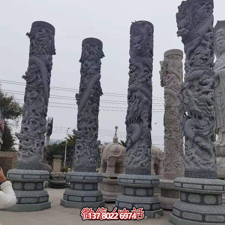 青石浮雕龍柱，精美石雕園林景觀裝飾