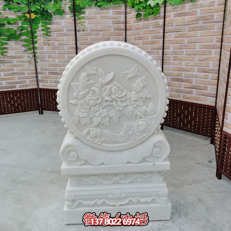 中式風(fēng)格天然漢白玉石雕抱鼓浮雕門(mén)墩，花開(kāi)富貴