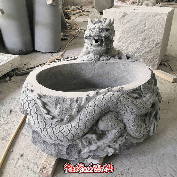 仿古石缸水缸青石龍形浮雕雕塑，為您的庭院增添一抹古樸