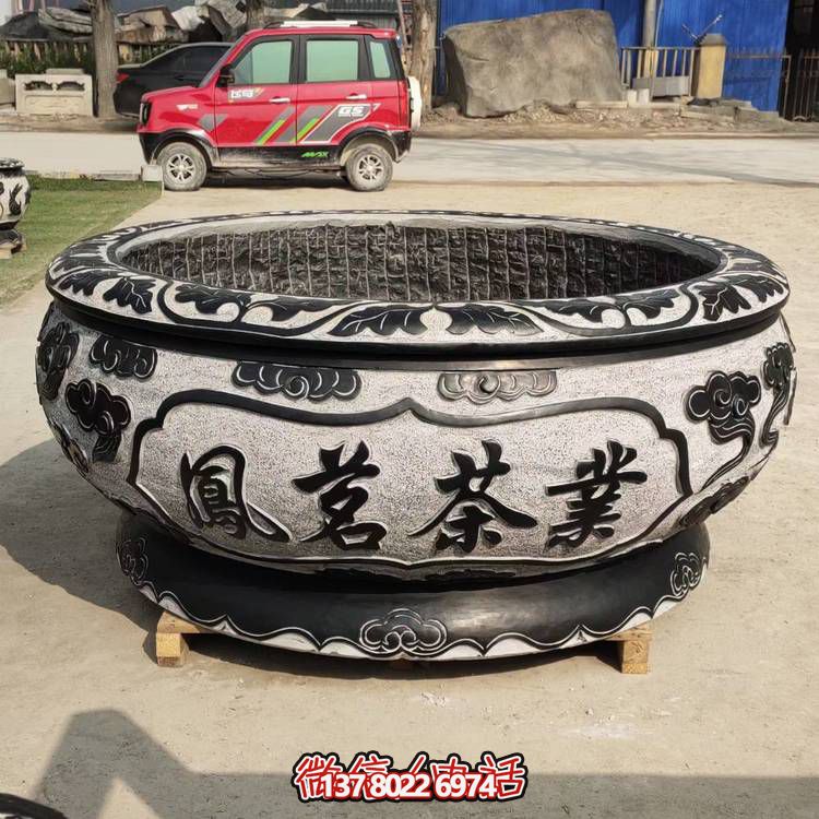 仿古青石荷花水缸，配合庭院戶外，點(diǎn)綴人間養(yǎng)魚園