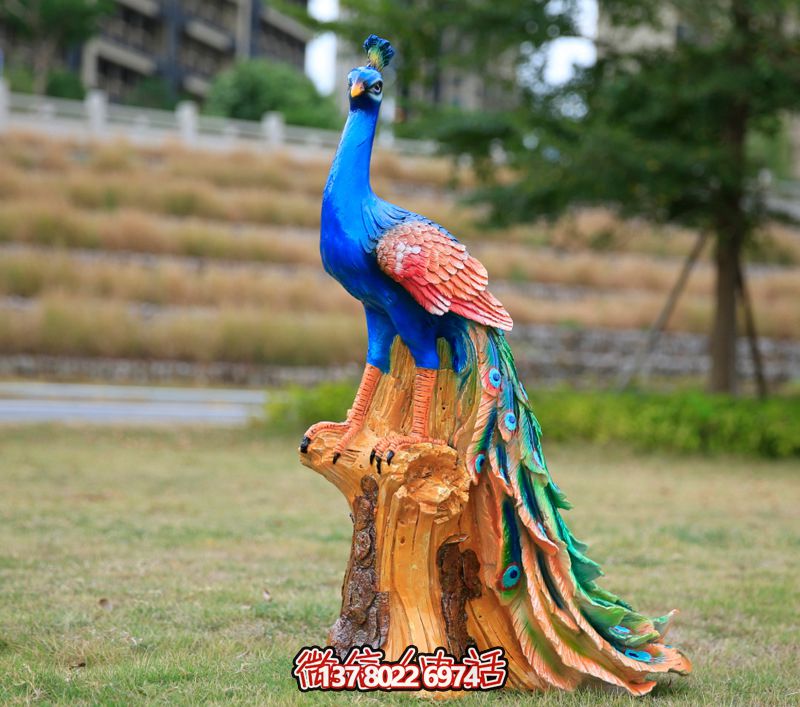 彩繪孔雀玻璃鋼雕塑，為公園街道擺放添彩