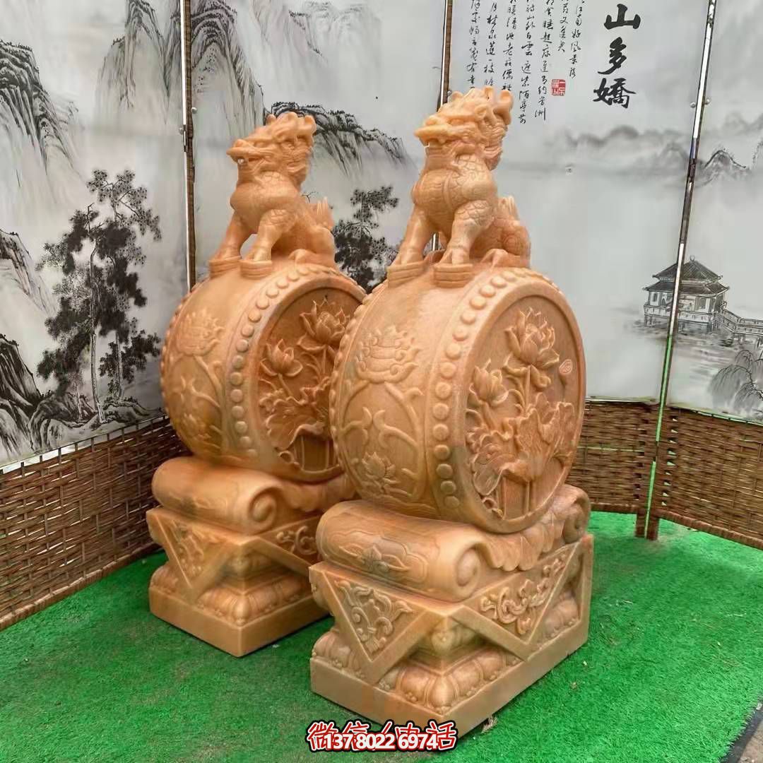 麒麟抱鼓石，晚霞紅荷花門墩